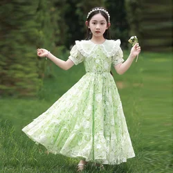 Girls Summer Dresses New Children's Princess Gown Big Kids Short-sleeved Dress Teen Girls Peter Pan Collar Clothing 4-12Y