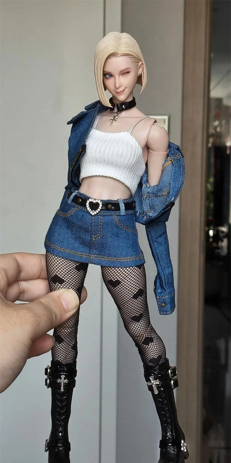 1/6 Scale NO. 18 Denim Suit 2.0 Female Soldier Short Jacket Sling Vest Mini Hips Skirt Set for 12