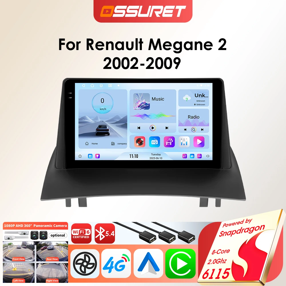 2din Autoradio Intelligentes Autoradio für Renault Megane 2 2002-2009 Auto-Multimedia-Player Drahtloses CarPlay Audio-Stereo-Bildschirm