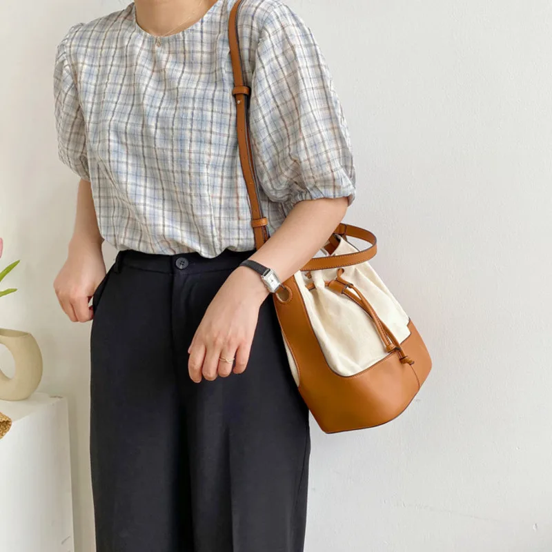 

PU Leather Patchwork Canvas Crossbody Bucket Bags For Women 2023 Summer Fashion Shoulder Luxury Brand Handbags And Purses Female