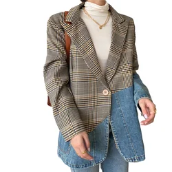 Jesienna moda Denim Spliced Plaid Blazer Coat Women Big Pocket Jeans Patchwork Suit Jacket Female Loose Casual Mid Long Blazers