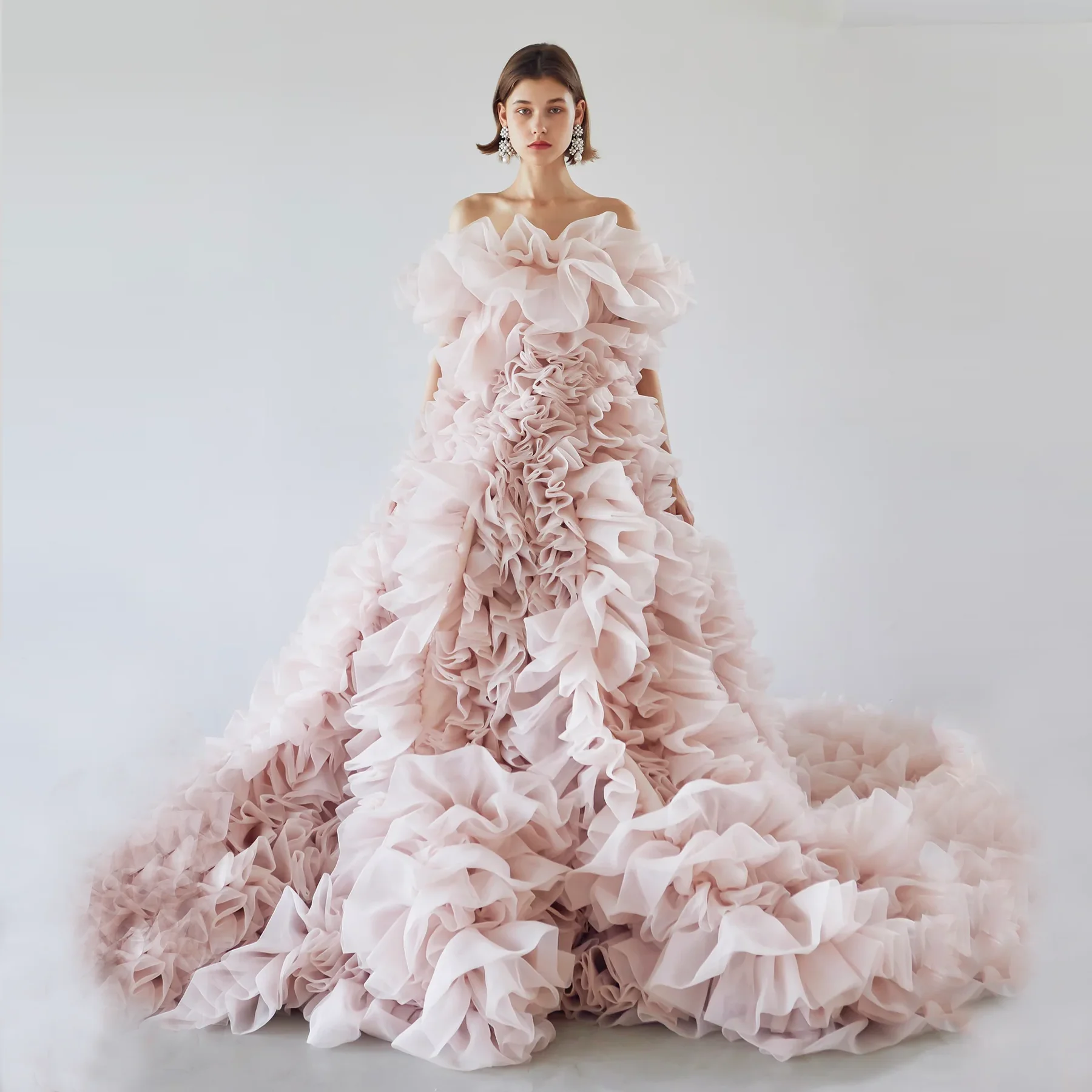 Dreamlike rosa babados vestido de casamento vestido de noiva sessão de fotos extra fofo em camadas tule vestidos de festa de casamento vestido formal de baile