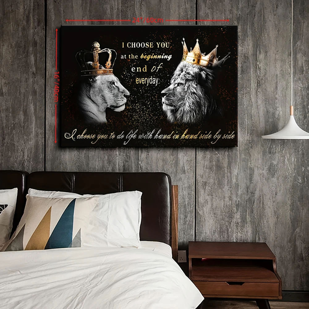 Canvas Print, Black White Lion Motivational Quotes Painting, King Queen Wall Art, Poster Picture for Living Room Home Decoration