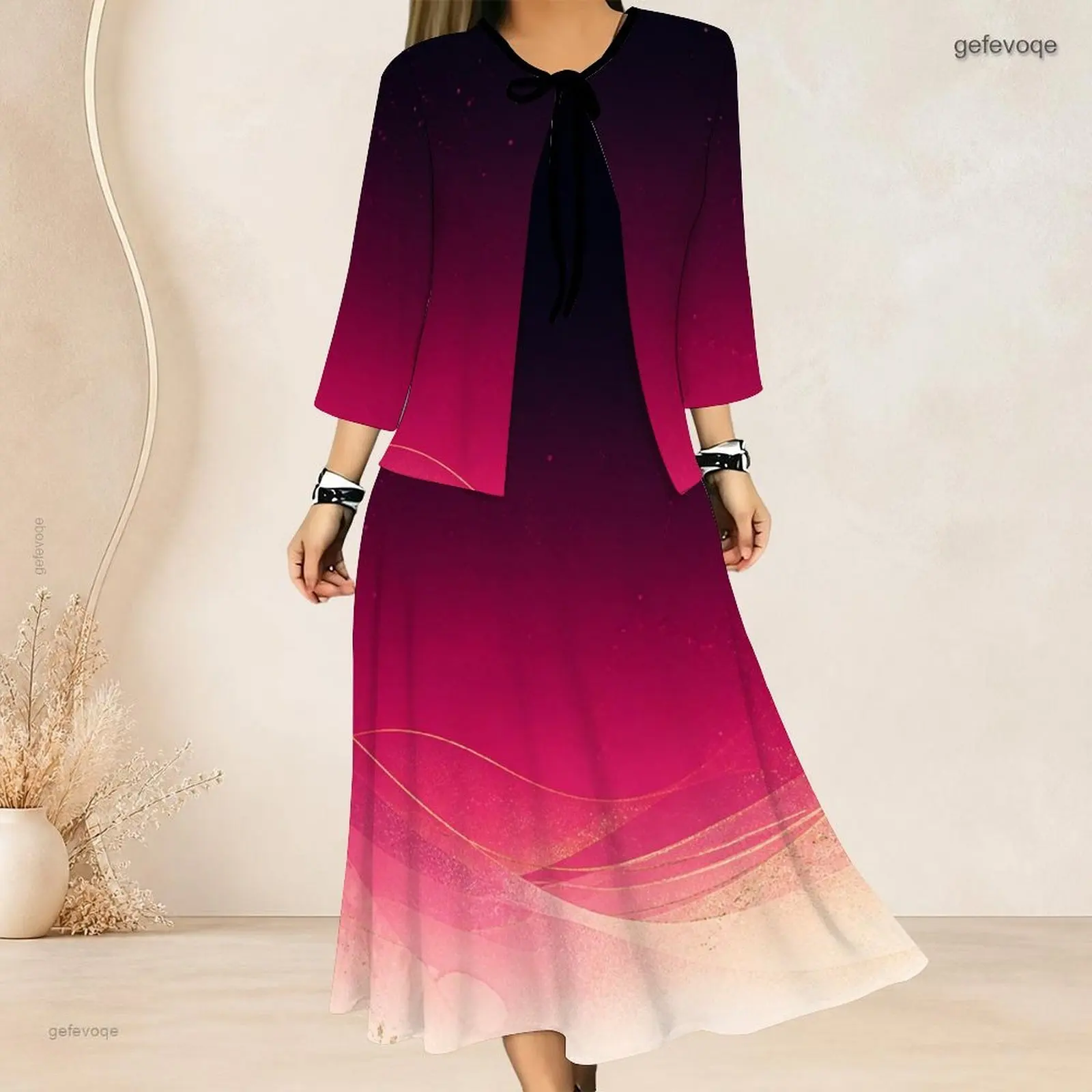 Women Gradient Golden Wavy Line Printed 3/4 Sleeve Cardigan and Sleeveless Long Dress Two Piece Set
