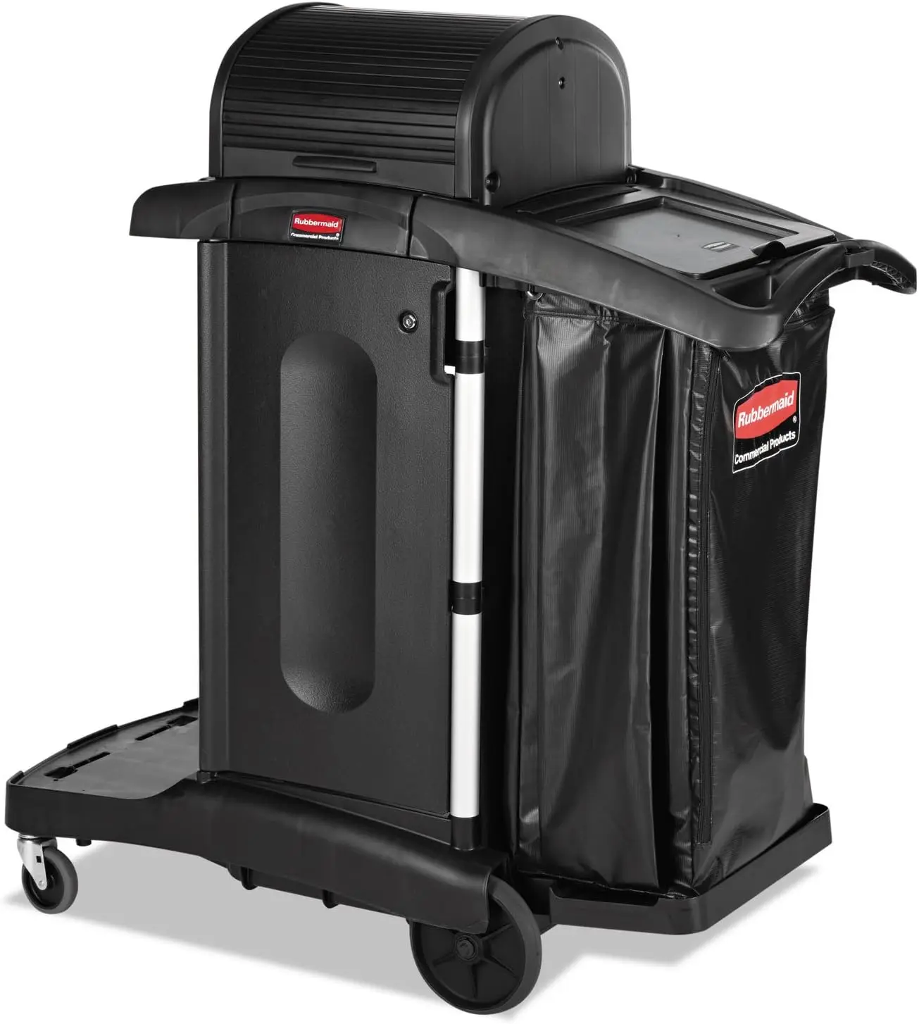 Rubbermaid Commercial High Security Housekeeping Janitorial Cart With Wheels, Black Vinyl Bag, Locking Hood And Cabinets For Com