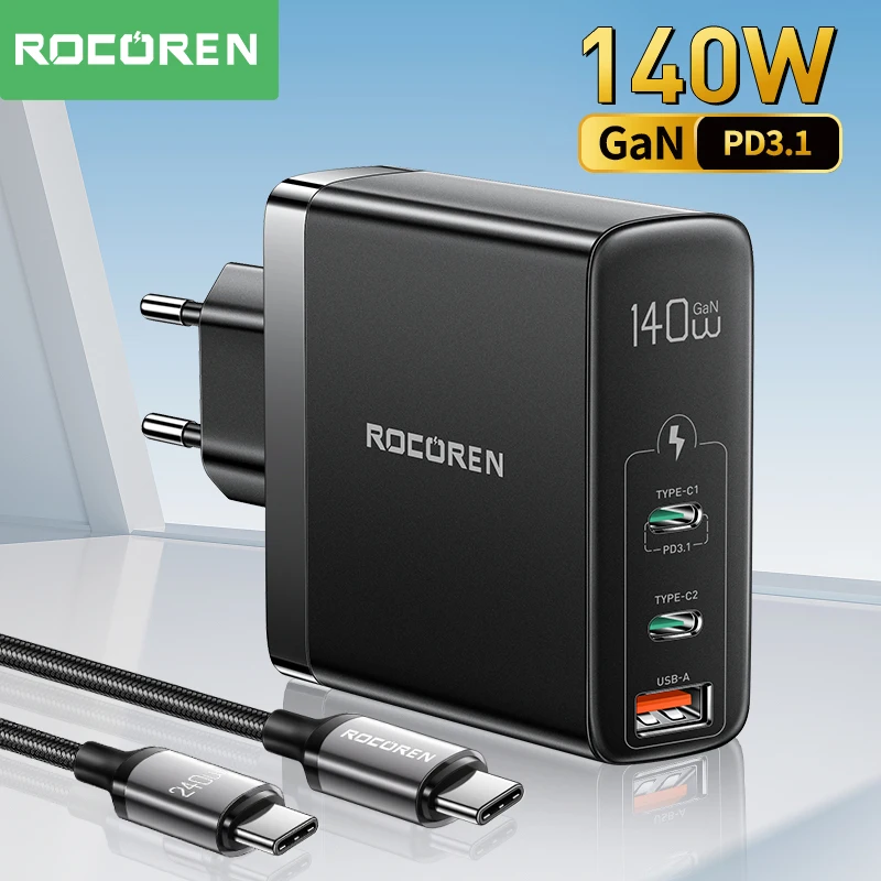 

Rocoren GaN Charger 140W 100W 65W Quick Charge QC 4.0 3.0 PD Fast Charging USB Type C Charger For MacBook iPhone 14 Pro Xiaomi