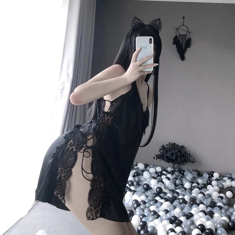

Fairy Split Bandage Nightgowns Nightshirt Women Nightwear Silk Satin Lingerie Erotic Babydoll Dress