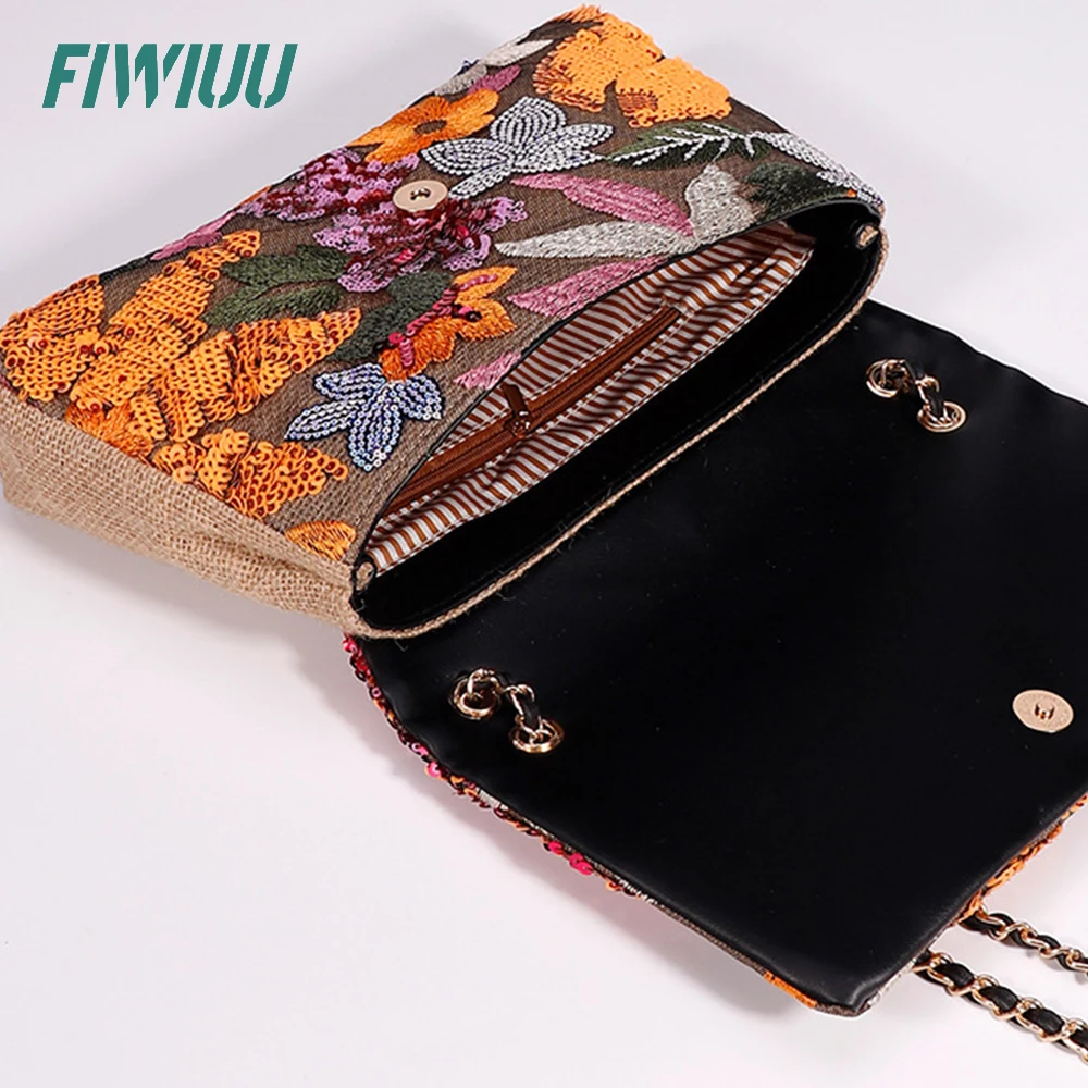 FIWIUU Women\'s Original Flap Bag Crossbody Sequin Chain Bag Floral Handbag Handwoven Embroider Shoulder Bag