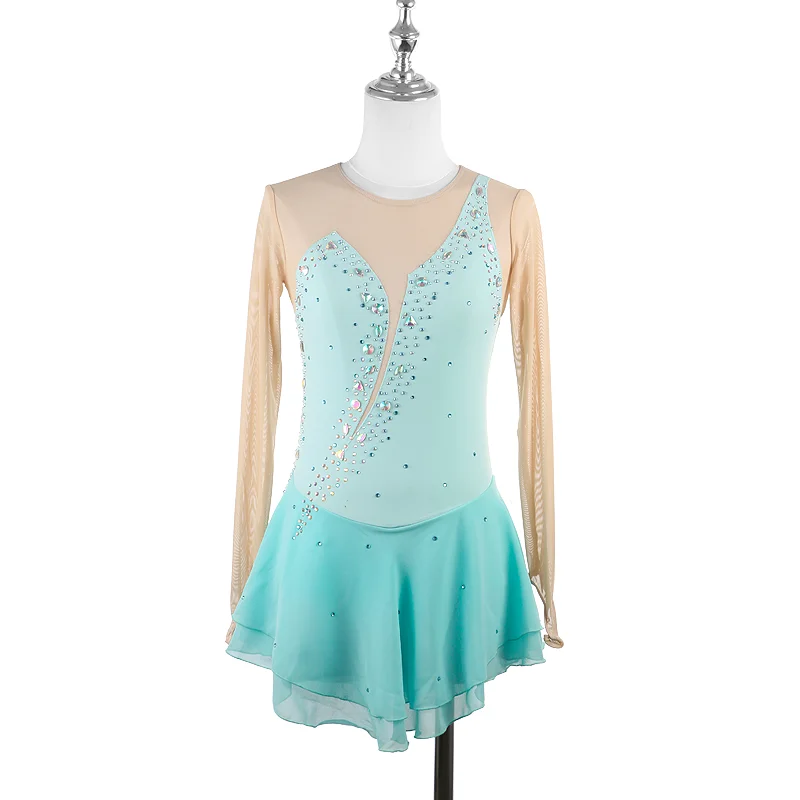 Zagitova vestido de performance de patinação artística feminino meninas saia de patinação no gelo manga longa água azul malha saia competição