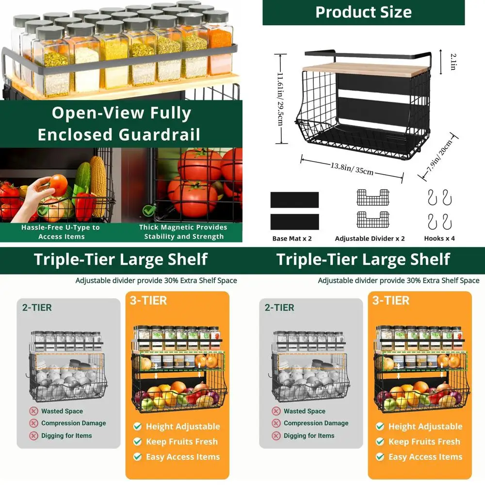 

Wooden Lid Magnetic Fridge Shelving with Storage Bins for Fruits, Potatoes, Onions, and Spice Racks (Black, 2-Pack)