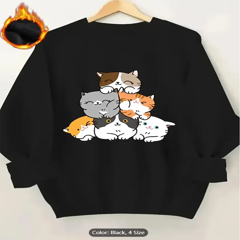 

Женская черная толстовка Cat Stack с графическим принтом на флисовой подкладке, повседневный пуловер большого размера, топ для любителей кошек, комфорт из чистого хлопка
