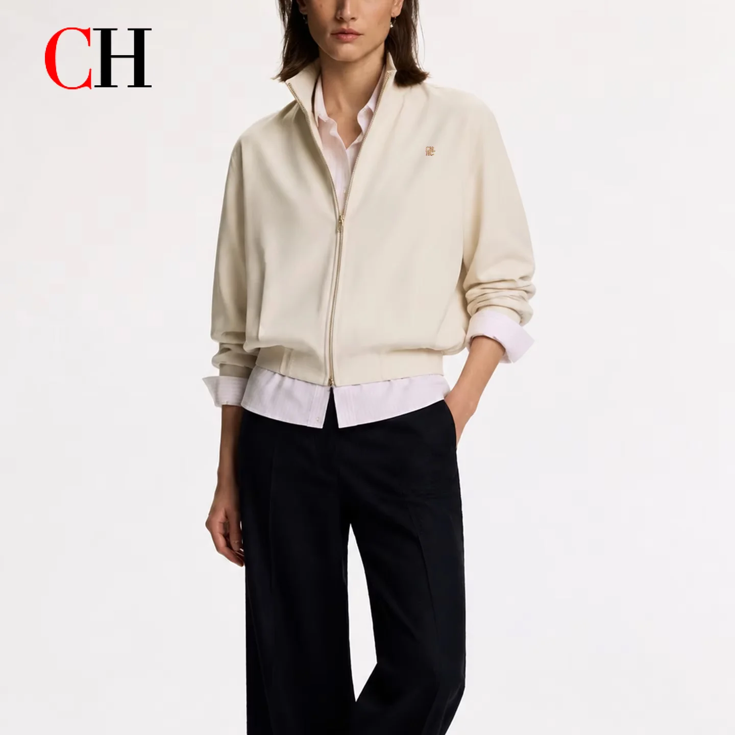 CH Women Stand Collar Zip Up Cropped Jacket Loose Long Sleeve Embroidered Logo Casual Daily Outerwear Coat