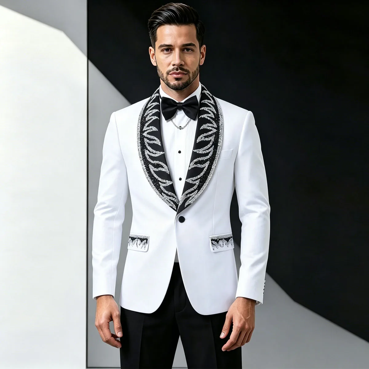 

Customized Diamond 2 Pieces Sets Metallic Beaded Luxury Wedding Suits For Men Groom Tuxedos Male Prom Blazers Slim ropa hombre