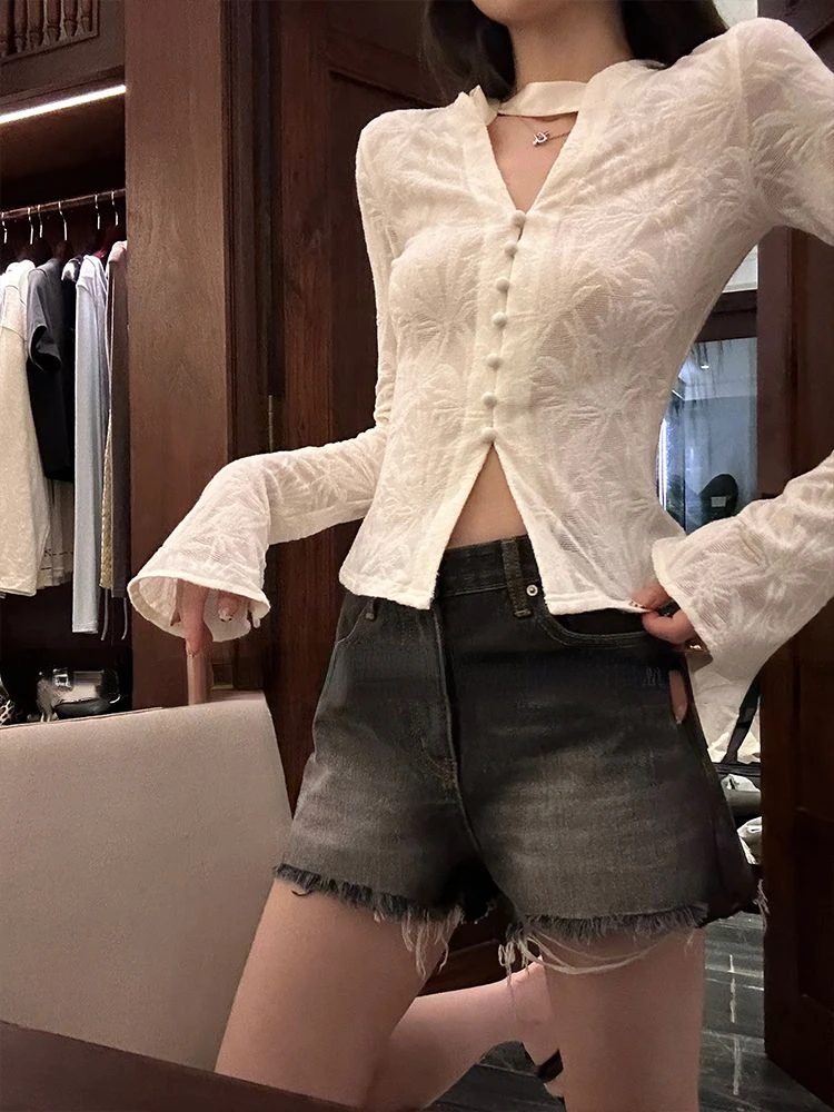 Korean Sexy Lace Blouse Women V Neck Bandage Slim Harajuku Tops Y2k Aesthetic Flare Sleeve Grunge Blusas Streetwear De Mujer