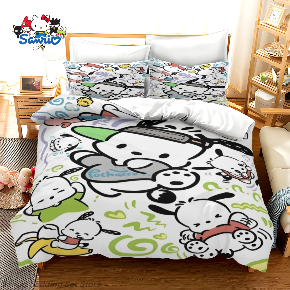 

Kawaii Sanrio Bedding Set Pochacco Dog Blue Red White Cute Anime Duvet Cover for Kids Teens Bedroom Decor Gift Queen King