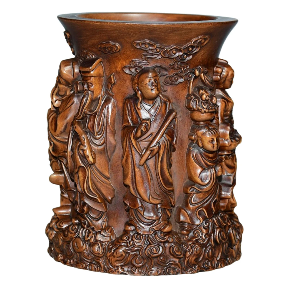 Statue chinoise Sculpture en bois sculpté à la main Pot de brosse en bois huit immortels Fortune bénédiction Harmony attainment lisse Endeavour