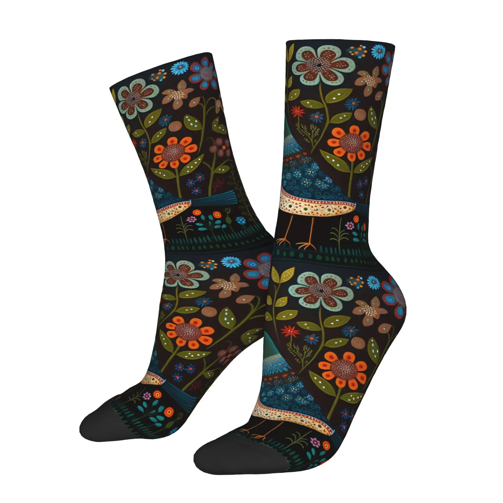 1pc Colorful Folk Art Bird Printed Men's Socks  Novelty Hip Hop Harajuku Pattern Crew Sock Casual Gift