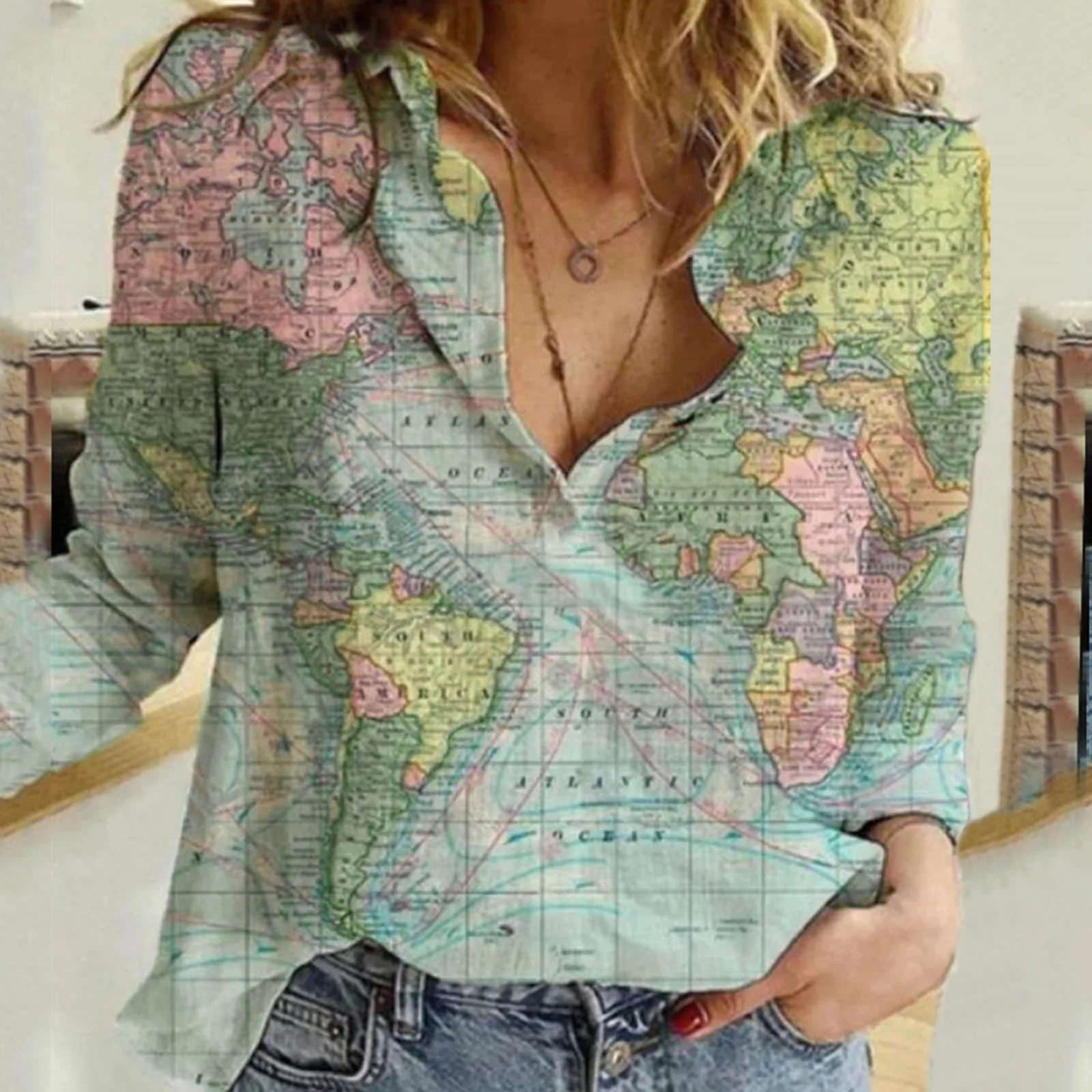 

World Map Print Blouses Long Sleeve Tops Women Dressy Casual Ladies Elegant High Quality Shirts V Neck Blusas Holiday Work Wear