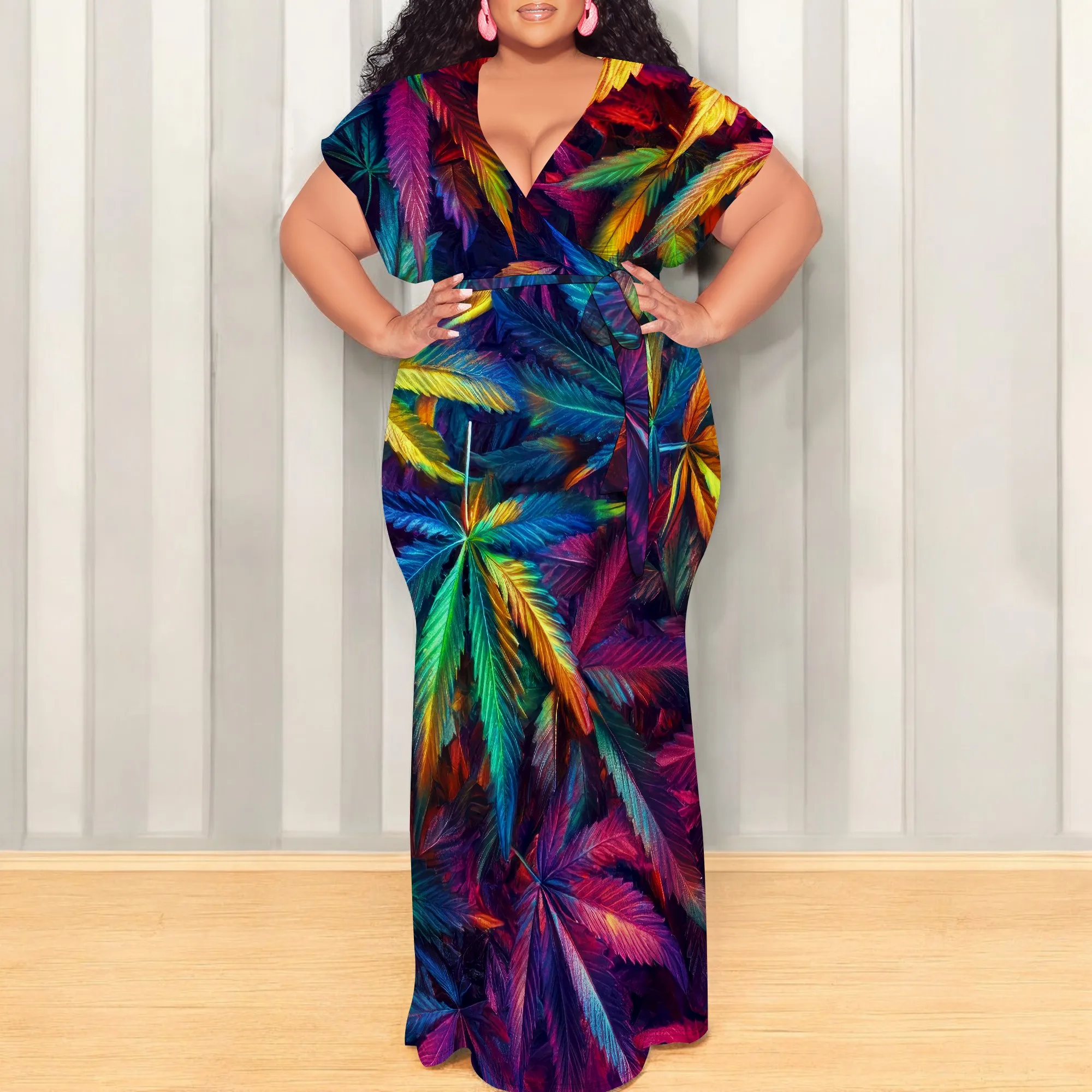 

Floral Print Maxi Dress With Backless Tie, Waist Belt And Short Sleeves V Neck
