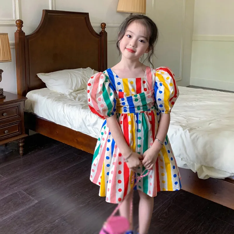 Summer Girls Colorful Dot Print Rainbow Waist Puffy Dress Square Neck Bubble Sleeved Sweet Princess Dress 3-8T