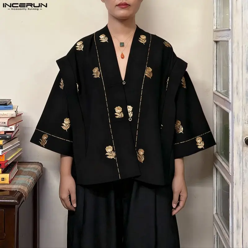 

INCERUN Мужская рубашка с цветочным принтом из атласа с v-образным вырезом и пуговицами на рукавах 3/4, мужской кардиган, уличная одежда, свободные винтажные повседневные топы, мужские рубашки