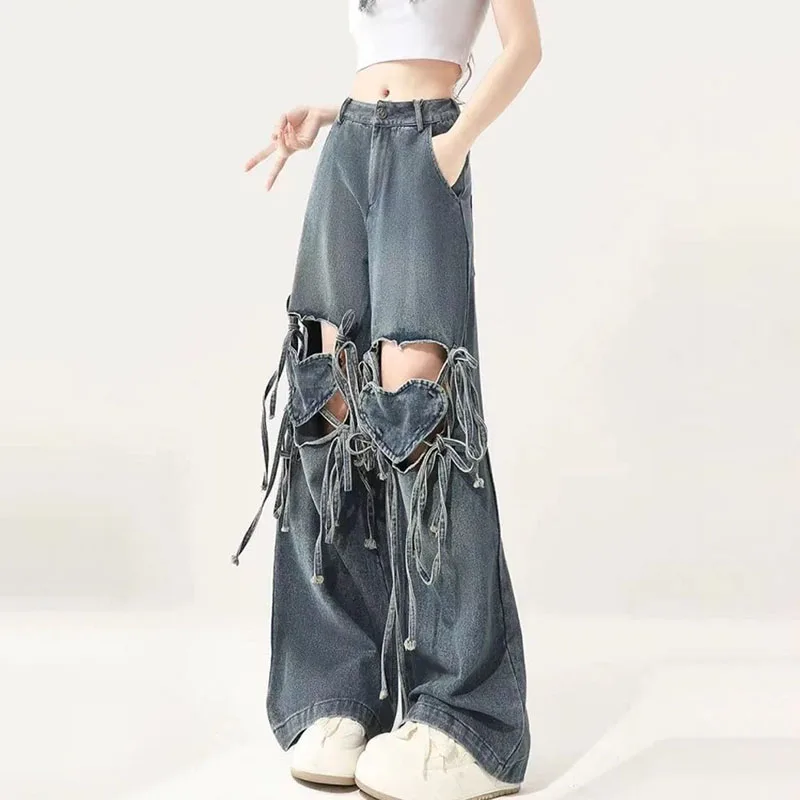 

New Women's Jeans Heart-shaped Lace-up Wide-leg Pants Female Plus-size Hot Girl, Ripped, Hollow out Straight-leg Trousers Tide