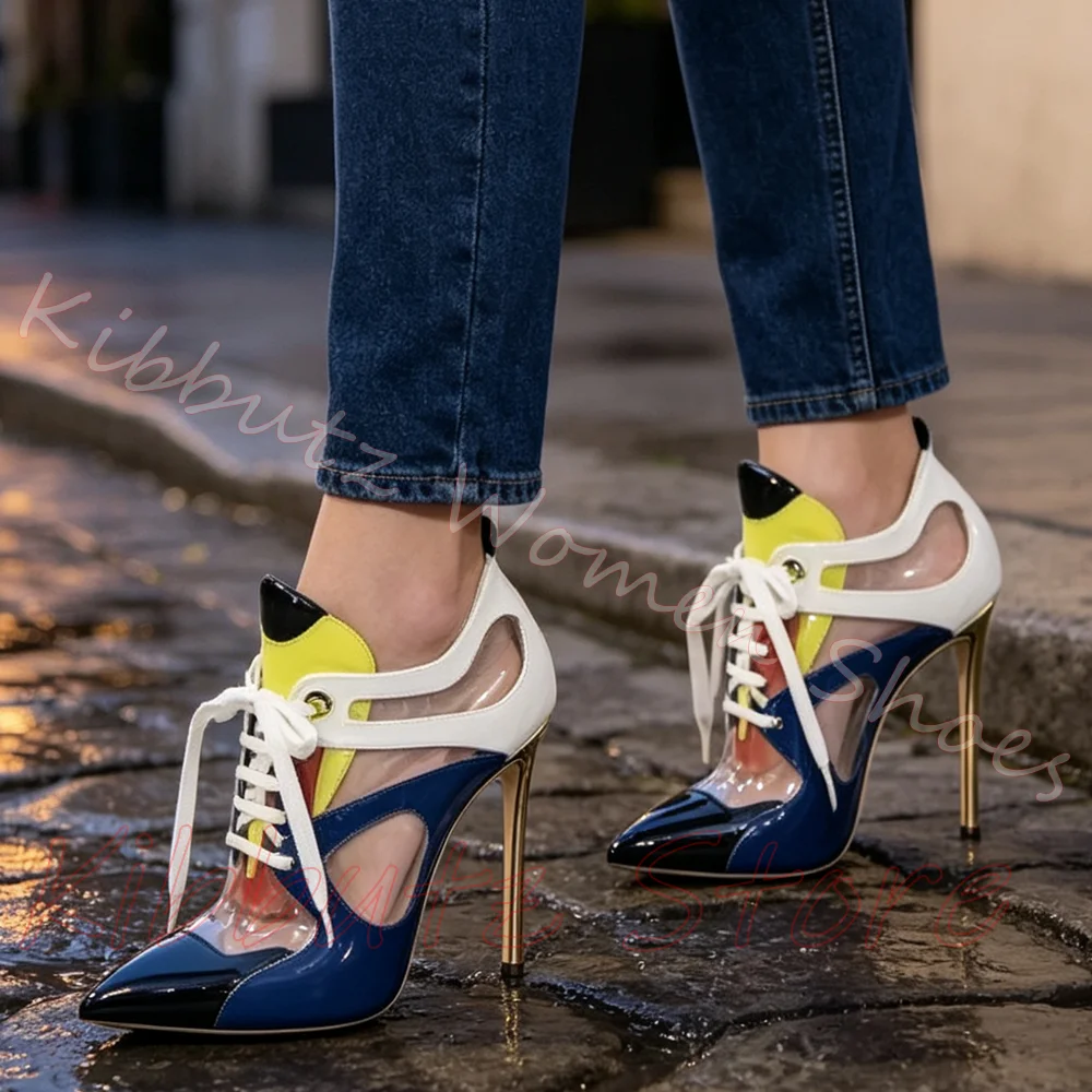Patchwork Sneaker Pumps Cutout Mixed Color Lace Up Transparent Women Pointed Toe Stiletto Heel Fashion Shoes Leather Elegant New