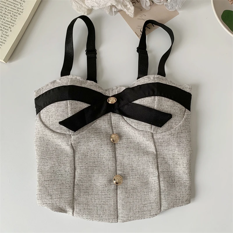 

2024 New Women's Spring Fashion Versatile Button Bow Elegant Minimalist Underlay and Outwear Bra Slim Fit Suspended Tank Top