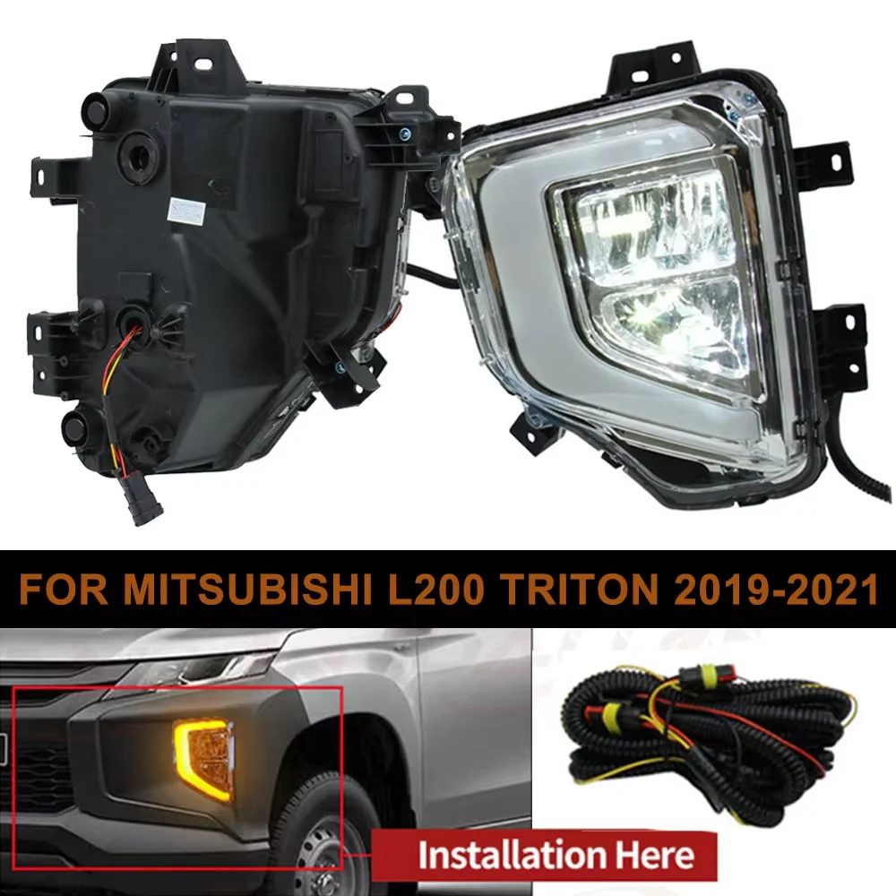 

1/2 шт. для Mitsubishi Triton L200 2019 2020 2021, светодиодные DRL дневные ходовые огни, крышка противотуманной фары с желтыми указателями поворота