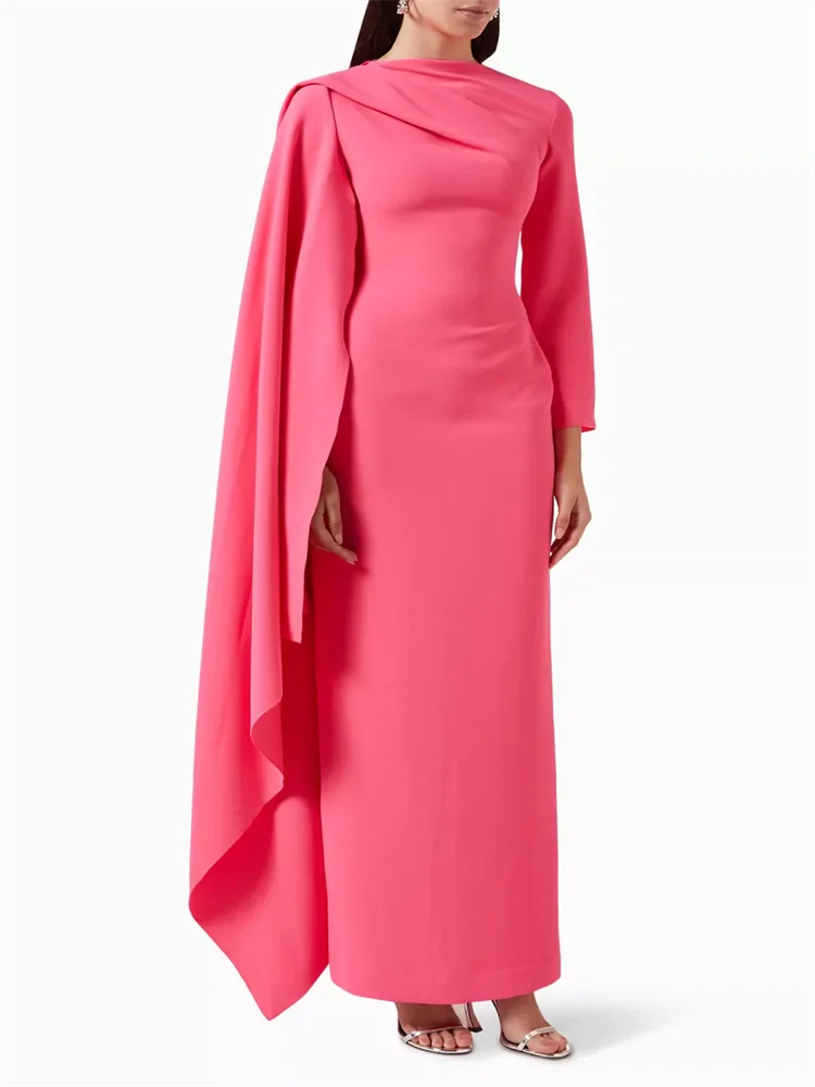 Robe de soirée droite en satin pour femme, cape personnalisée, manches longues, fermeture à glissière au dos, longueur au sol