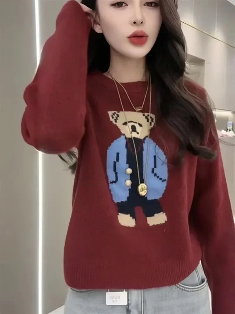 High Quality Embroidery Sweater Fashion Dressing Bear Cartoon Jumper Tops Young Women Streetwear Winter Knitwear Apricot Clothes