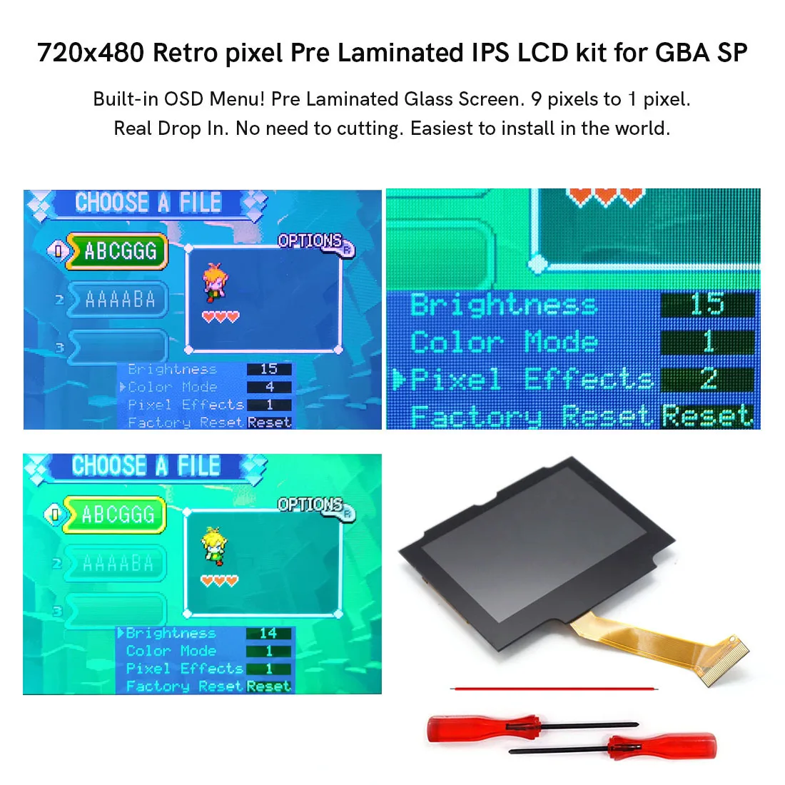 HISPEEDIDO V5 HD IPS Drop in pre-Laminated LCD Kits Screen set for Gameboy Advance SP Black/Red/White Lens Housing Shell