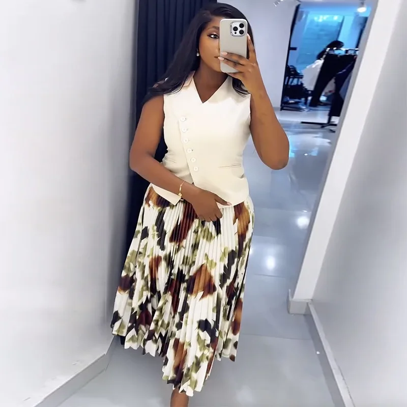 

Women's Clothing 2025 Summer New V-neck Button Vest Top with Printed Pleated Long Skirt Set