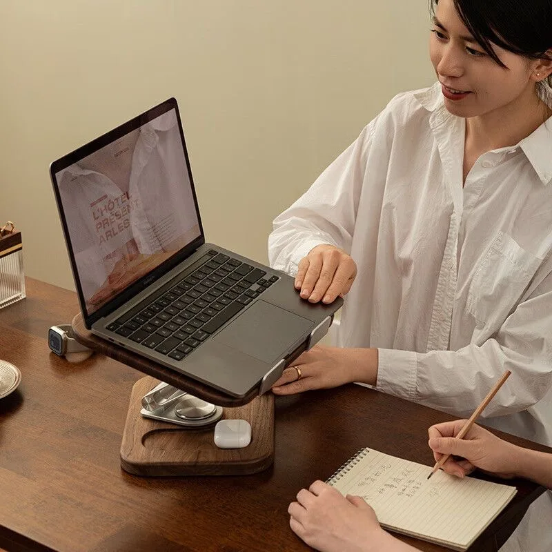 Wooden rotating desktop shelf computer tablet stand artifact
