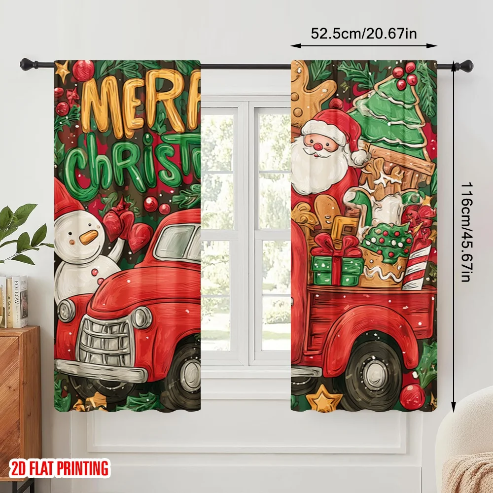 2pcs,2D plane printing Creative Curtains Red Pickup Truck_ Cute Snowman Versatile Polyester (without rod) Room Decor Use for