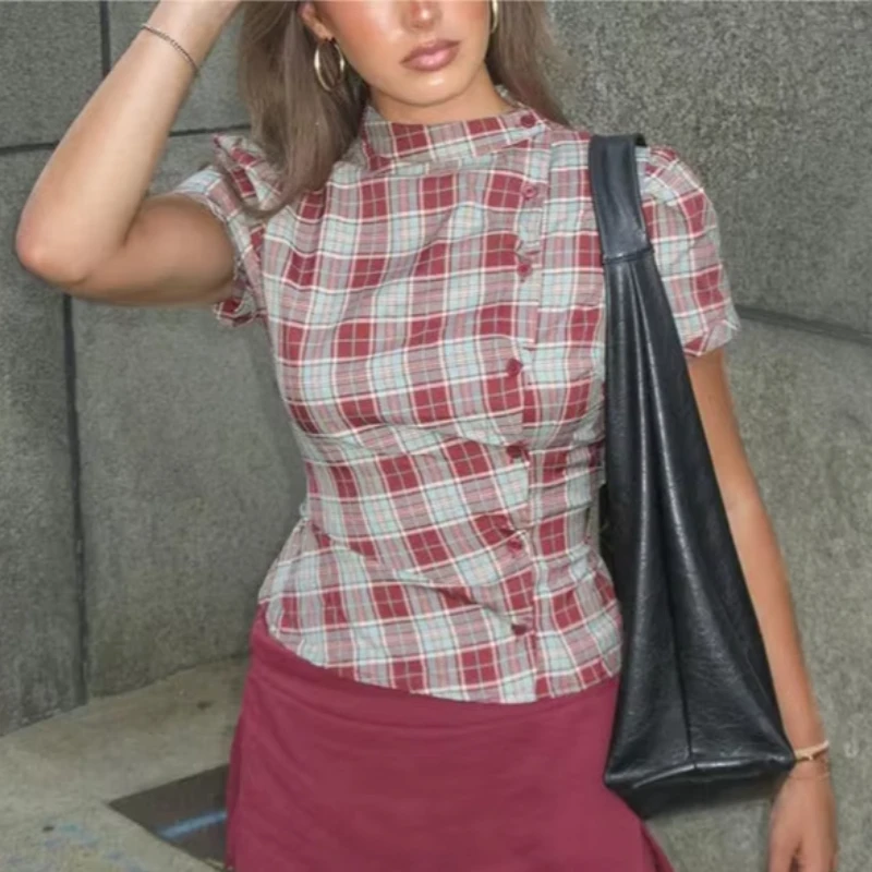 Summer Fashion Plaid Stand-up Collar Upper Garment Asymmetric Button Decorative Slim Harajuku Casual Women's Shirt Short Sleeve