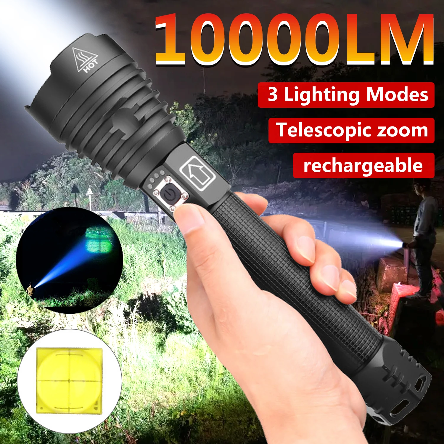 La linterna LED XHP90 más potente 100000 LM linterna con zoom recargable lámpara de mano impermeable antorcha táctica para acampar al aire libre