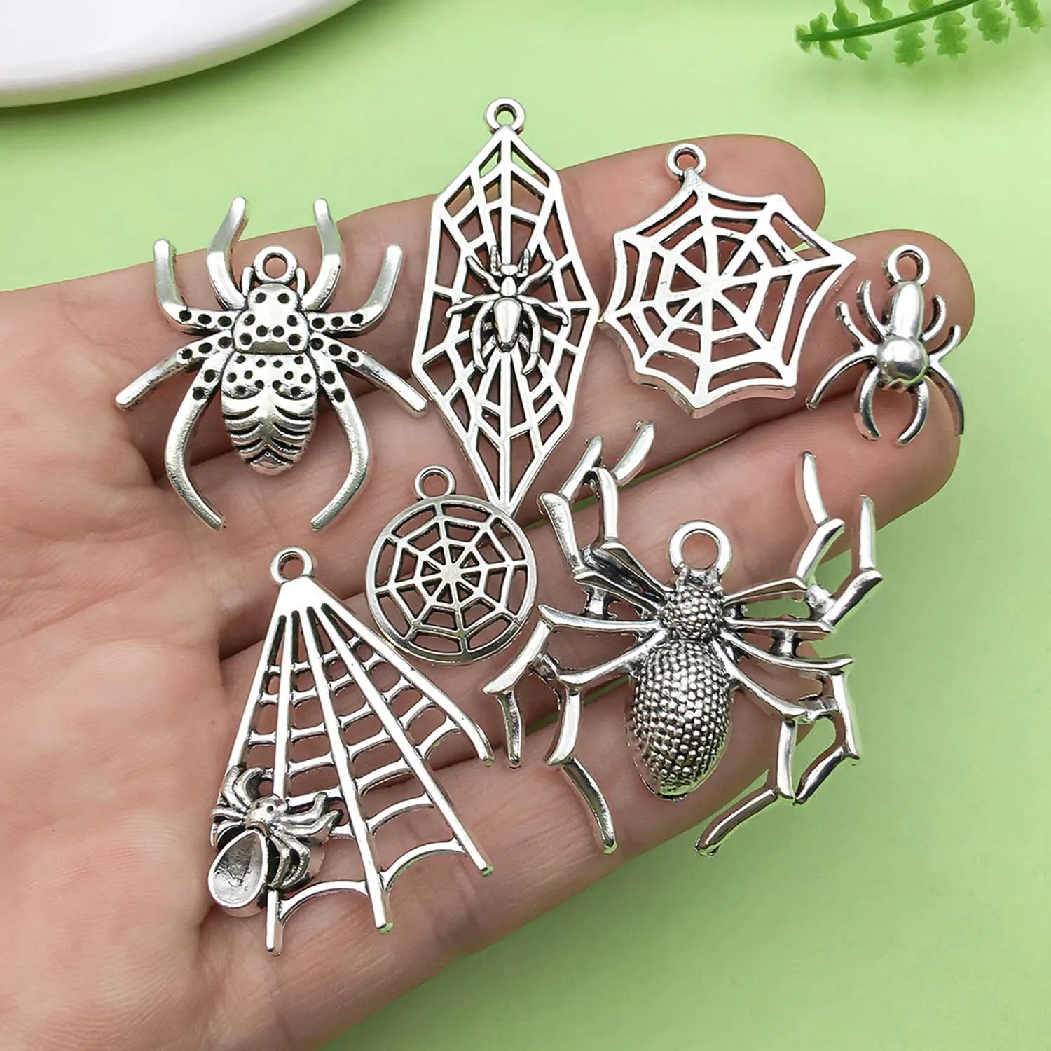 10/13pcs Antique Silvery Halloween Decoration Charms, Alloy Skull Spider, Spider Web Pendants For DIY Jewelry Making Accessories