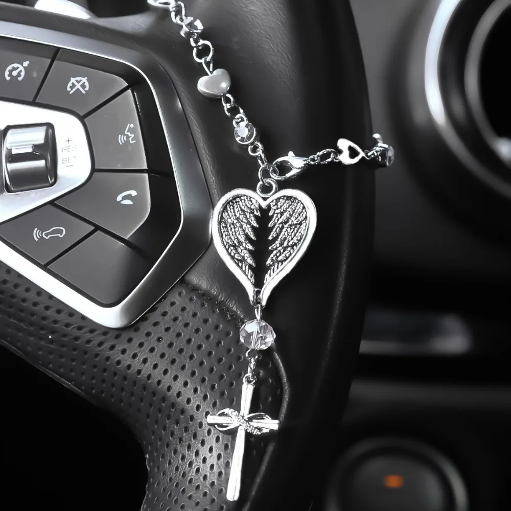 Retro Temperament Angel Wing Heart Cross Pendant Car Hanging Ornament Key Chains for Women Men Steering Decor Festival Jewelry