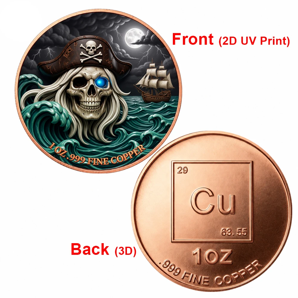 1pc Pirate Skull Ghost Ship 1oz .999 Fine Copper Challenge Coin Dark Captain Pirate Collectible Medal Ocean Storm Wave Souvenirs