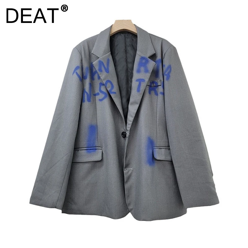 DEAT Women's Blazer Loose Blue Letters Graffiti Female Notched Collar Causal Suit Jackets 2025 New Fashion Spring 29L9319