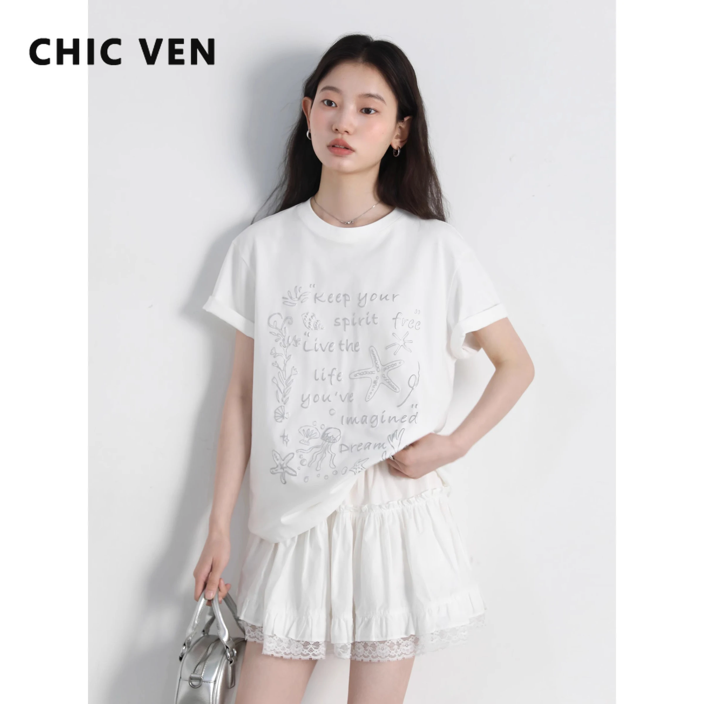 

Корейские женские футболки CHIC VEN, свободная повседневная футболка с круглым вырезом и принтом, крутой женский топ с короткими рукавами, лето 209, пальто для девочек