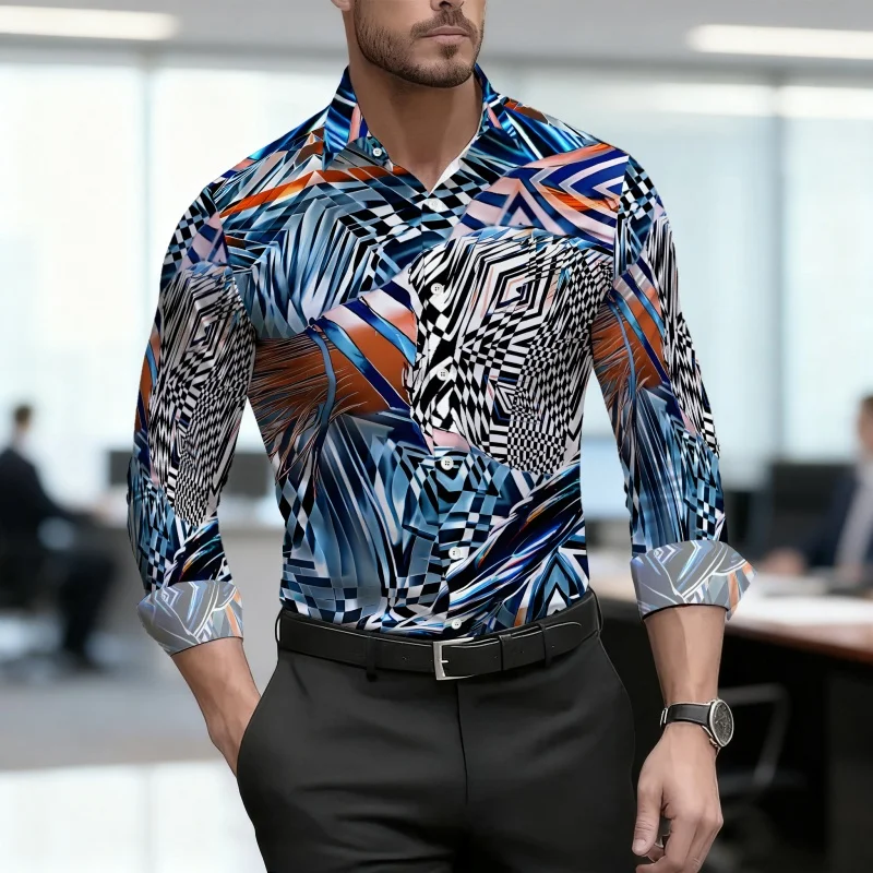 Men's shirt, ethnic style diamond shaped geometric printed long sleeved shirt, business casual spring and autumn collar shirt