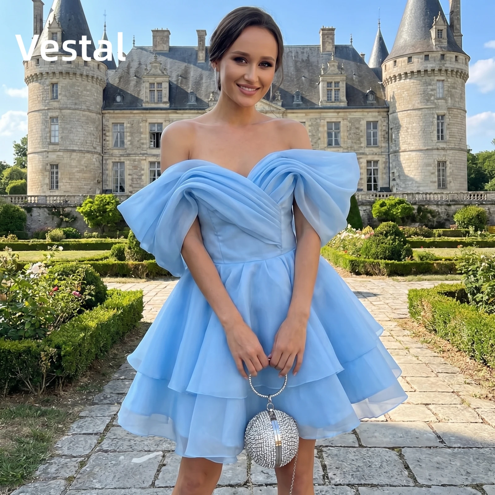 

Sky Blue Off The Shoulder Prom Dress Organza Pleated Homecoming Dress Formal Party Evening Gown Customized