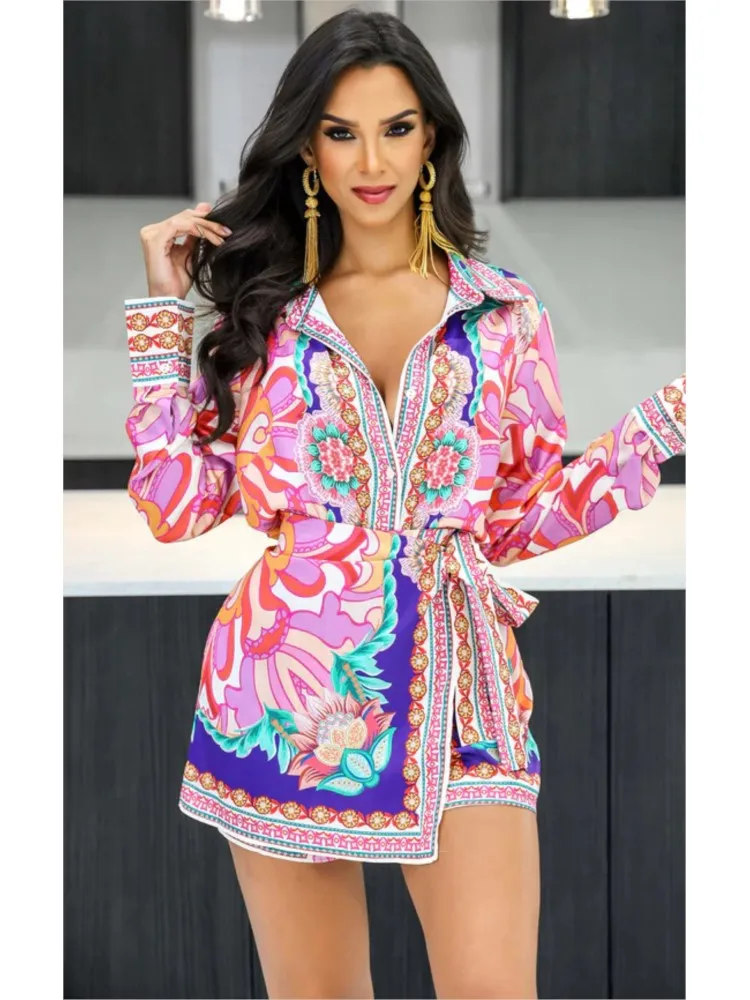 Fashion Print Women 2 Piece Set Outfit Summer Long Sleeve Shirt & Side Split Mini Skirt Shorts Set Lady Vacation Outfits 2024