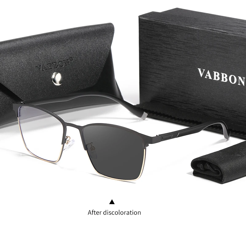 Vabbon 新しいメンズ近視メガネ抗青色光処方メガネ高度な金属フレームゴーグル抗疲労フラットメガネフォトクロミックメガネ 9448