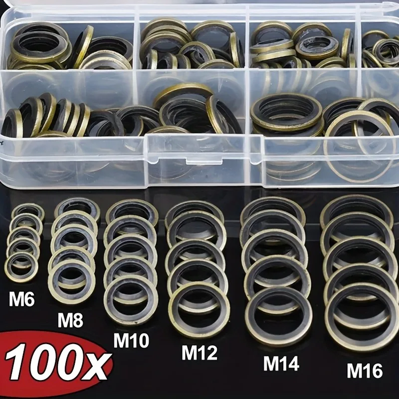 Kit de Juntas para Cárter de Óleo Automotivo com 100 Peças/Caixa, com Arruelas e Vedantes de Borracha Substituíveis para M6, M8, M10, M12, M14, M16