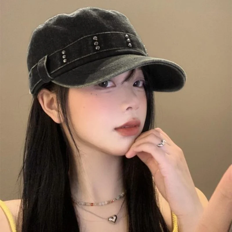 Washed Denim Rivet Flat Top Duckbill Hat for Women Autumn Winter Retro Face Enhancing Small Beret Big Head Circumference