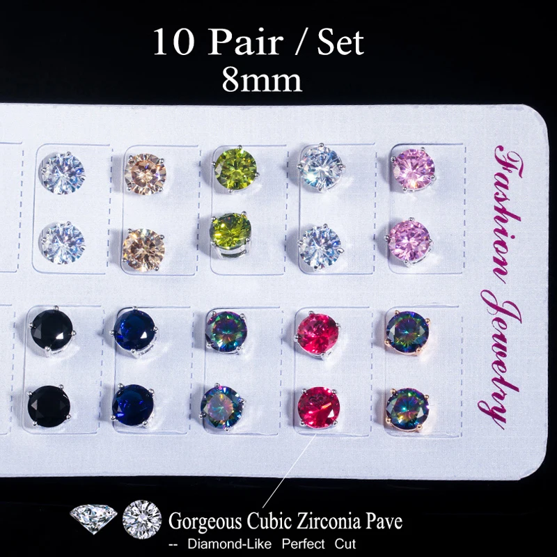 ThreeGraces 10 Pairs Fashion Multicolor Cubic Zirconia 8mm Round Cut CZ Stud Earrings for Women Trendy Daily Party Jewelry E1413