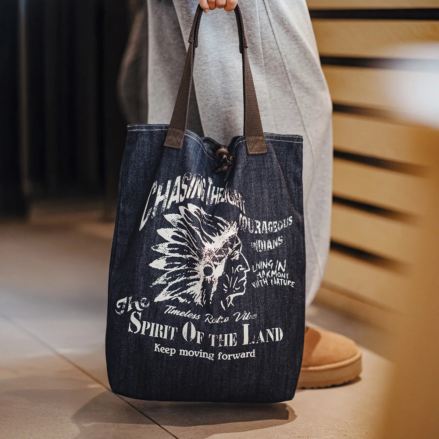 

Maden Women's Vintage Denim Tote Bag Large Casual Shoulder Handbag Indian Totem Print Toggle Washed Blue Daily Carry Bag